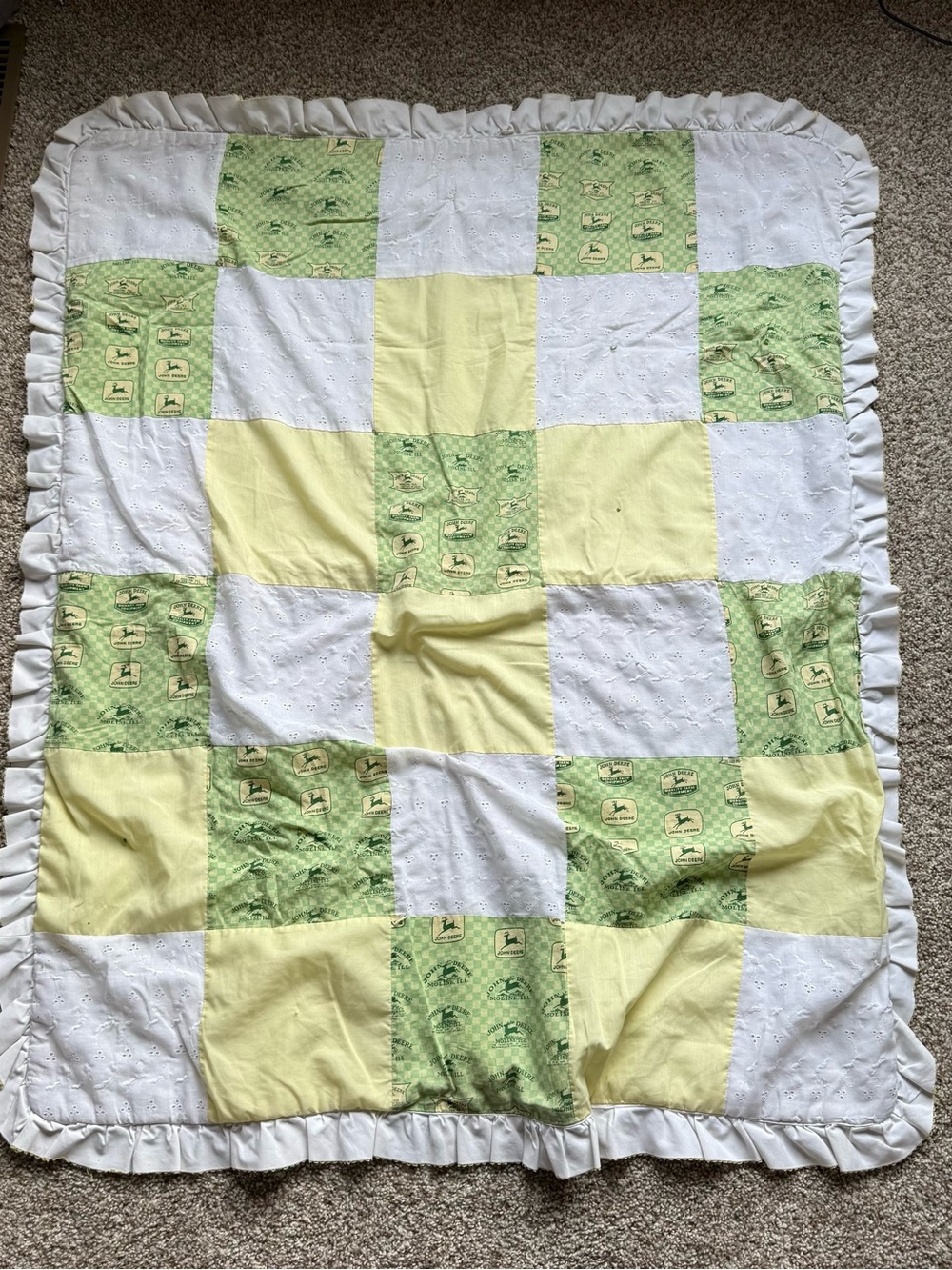 Handmade John Deere Baby Quilt Blanket – Vintage Farm Tractor Ruffle